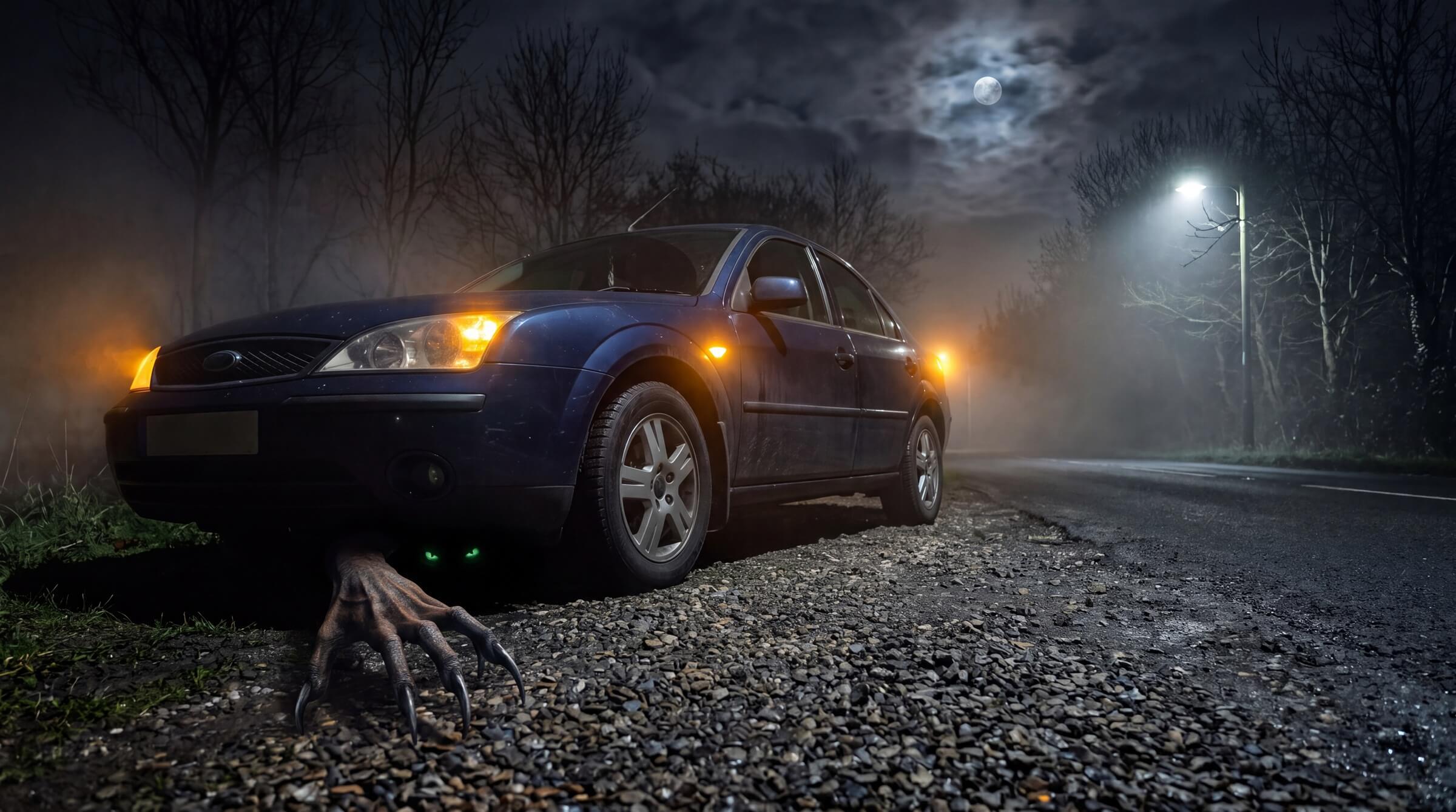 Sedan on a foggy roadside at night with a clawed hand reaching out from underneath and glowing eyes beneath the bumper