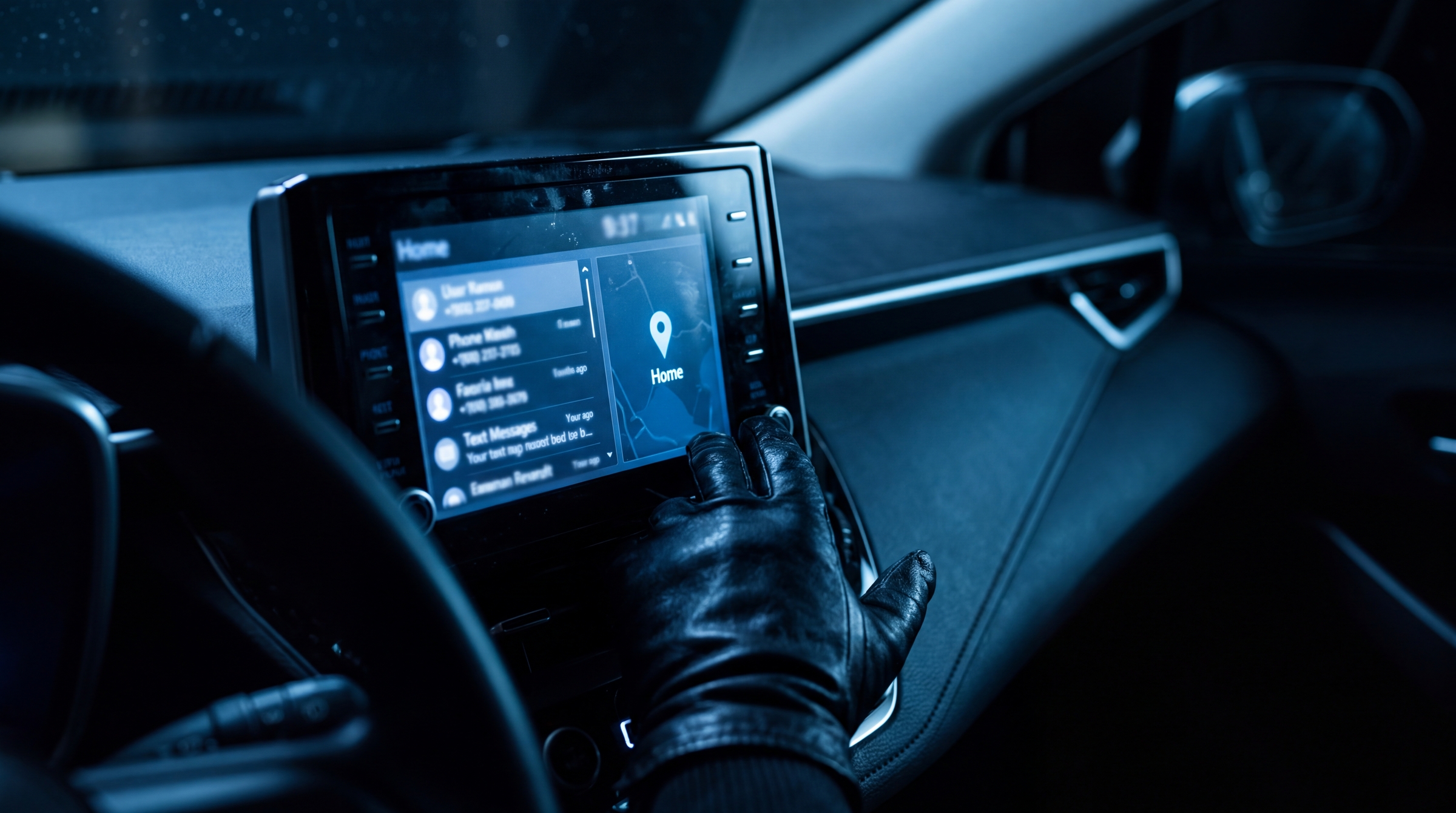 Gloved hand reaching toward a car dashboard screen showing synced contacts, text previews and a Home map pin
