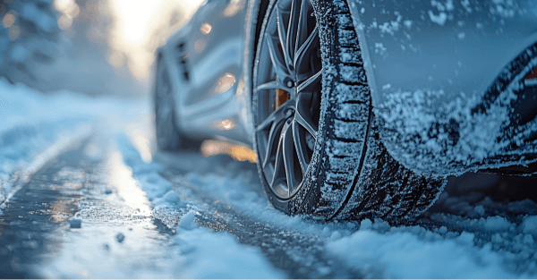 Close up of car tire in snow