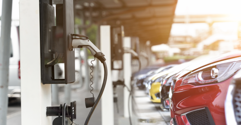 A full bank of electric vehicle charging stations. 