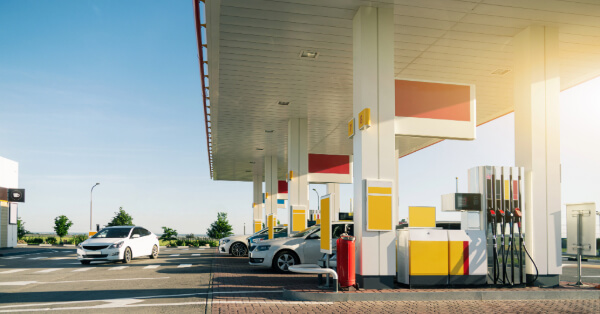 Wide shot of a gas station